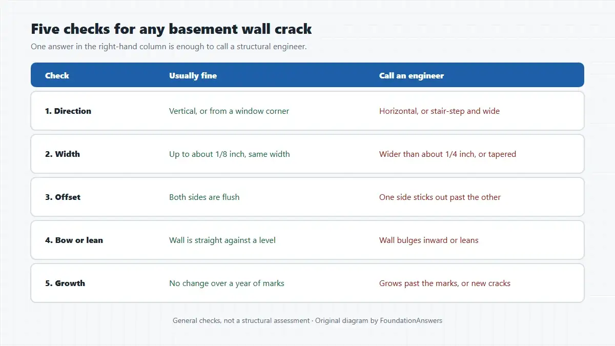 Table of five checks for a basement wall crack covering direction, width, offset, bow or lean, and growth, showing what is usually fine and what means calling a structural engineer