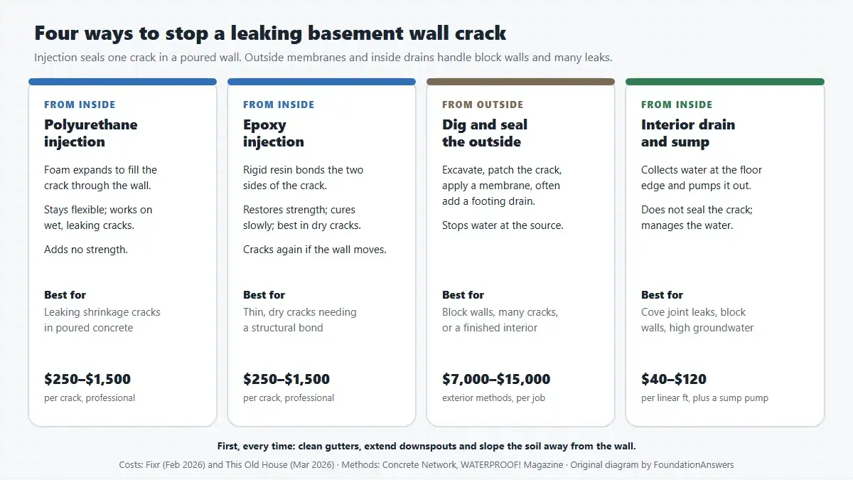Four cards comparing leaking crack repairs: polyurethane injection and epoxy injection from inside at 250 to 1,500 dollars per crack, digging and sealing the outside at 7,000 to 15,000 dollars per job, and an interior drain at 40 to 120 dollars per linear foot
