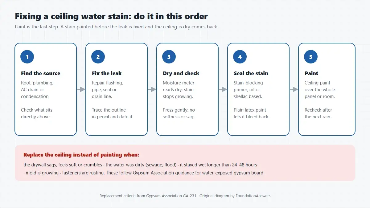 Five-step sequence for fixing a ceiling water stain: find the source, fix the leak, dry and check, seal with stain-blocking primer, then paint, with the conditions that mean the ceiling must be replaced