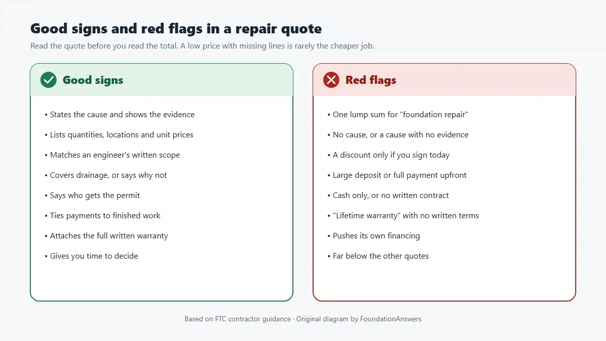 Two-column list of good signs in a repair quote, such as a stated cause, unit prices and staged payments, beside red flags, such as a lump sum, a sign-today discount, a large deposit and a lifetime warranty with no written terms