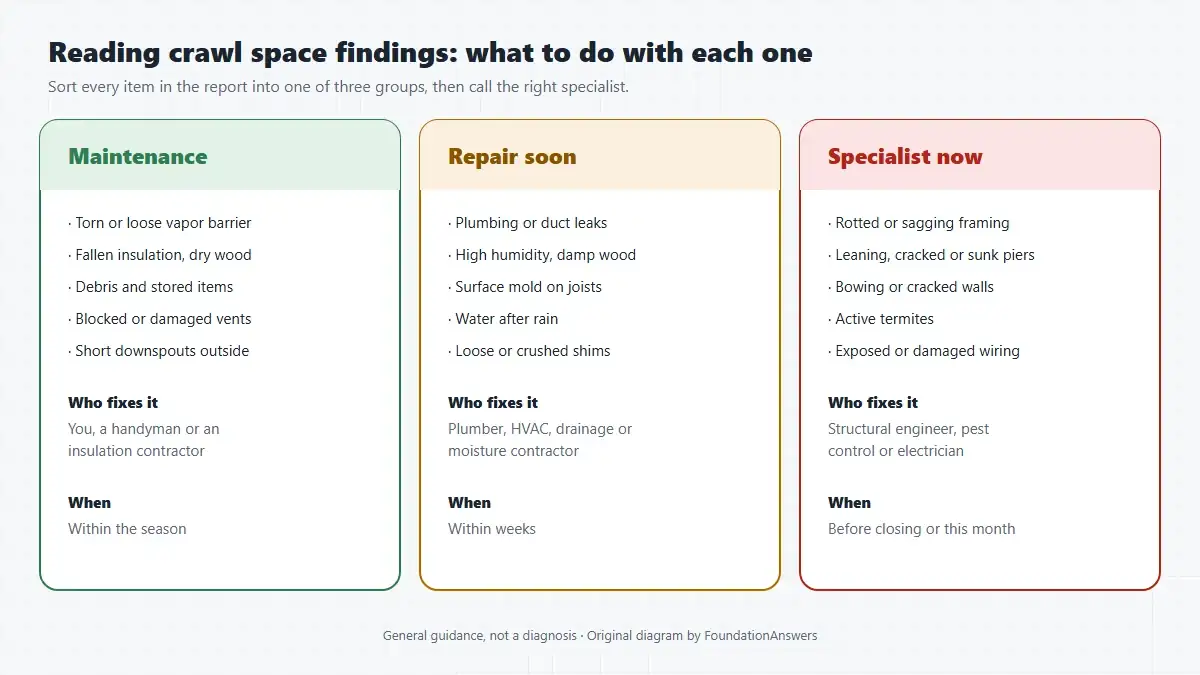 Three-column chart sorting crawl space inspection findings into maintenance items, repairs needed soon and items that need a specialist now, with who fixes each group and when