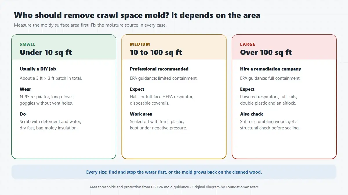Three-column chart showing who should remove crawl space mold: under 10 square feet as a DIY job with an N-95, 10 to 100 square feet with limited containment, and over 100 square feet with full containment