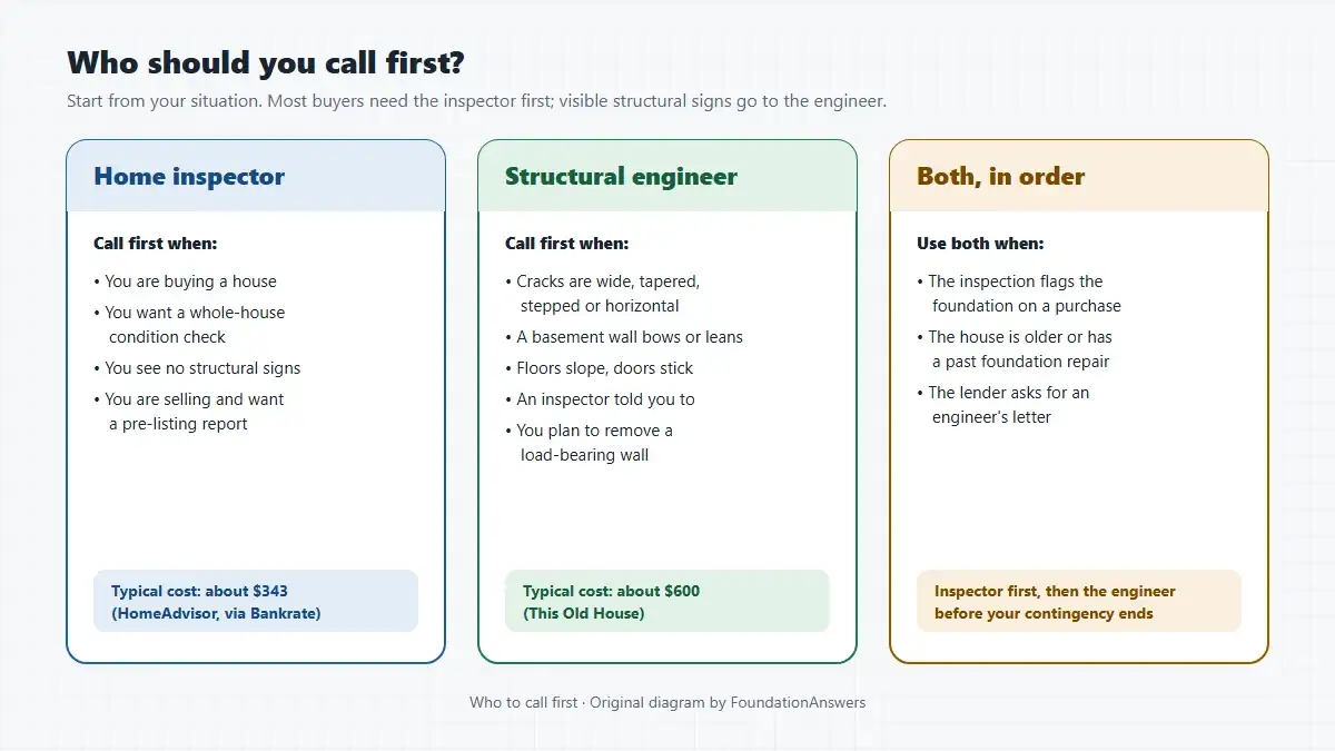 Three-column guide on who to call first: a home inspector when buying or checking a house, a structural engineer for wide cracks, bowing walls, sloping floors or wall removal, and both in order when the foundation is flagged on a purchase