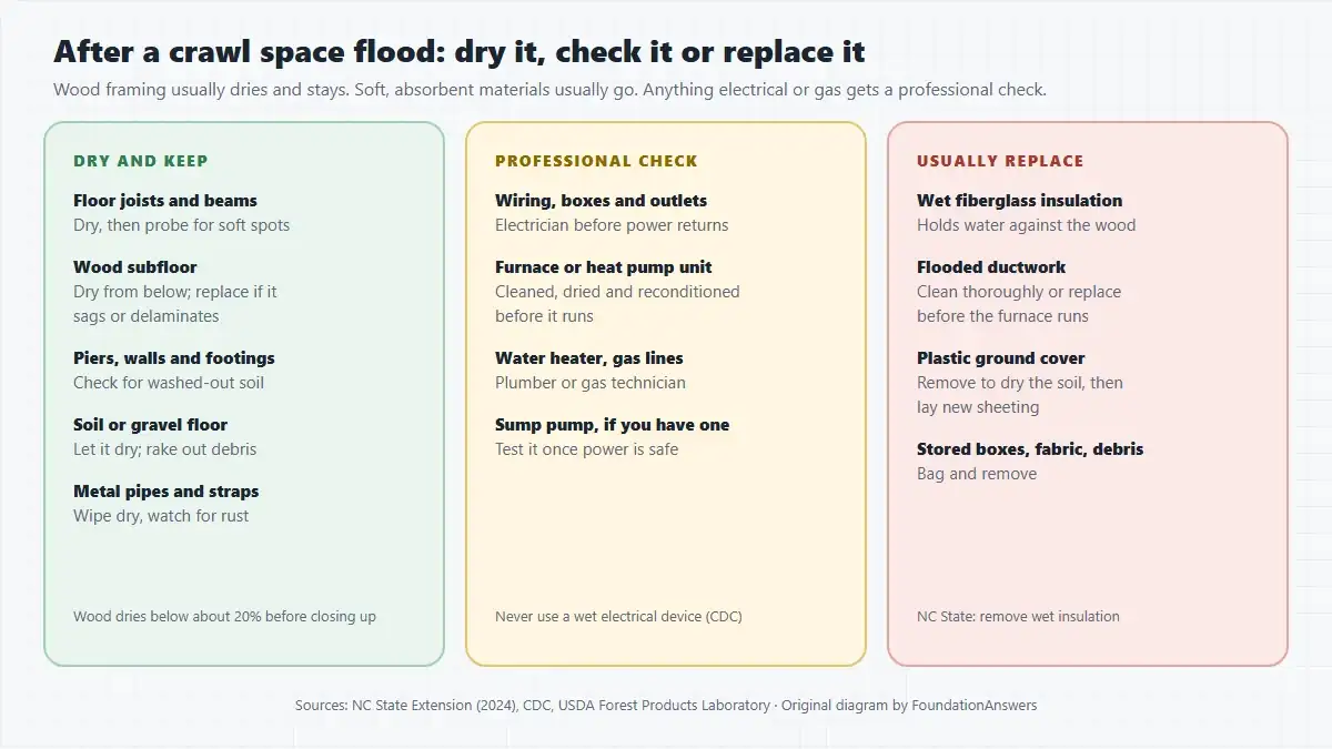Three-column chart for a flooded crawl space: dry and keep joists, subfloor, piers and soil floor; get a professional check for wiring, furnace, water heater and sump pump; usually replace wet insulation, flooded ductwork, plastic ground cover and stored items