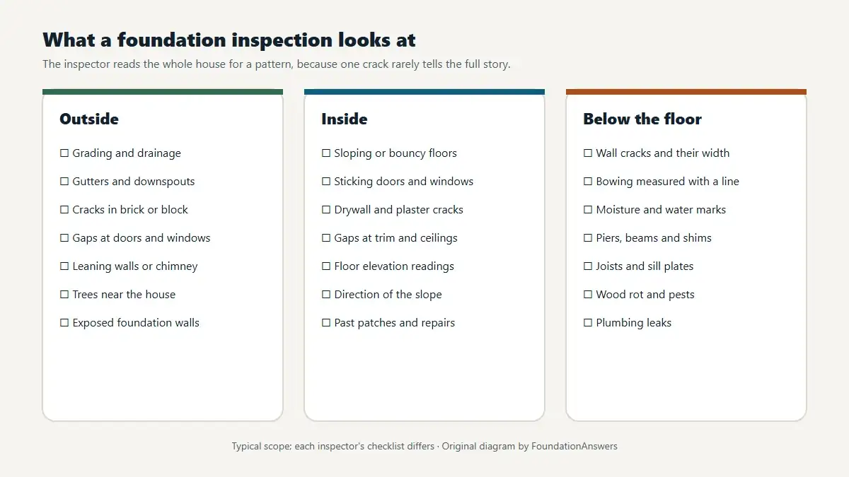 Three-column checklist of what a foundation inspection covers outside the house, inside the house and below the floor, from grading and sticking doors to wall cracks, piers and joists