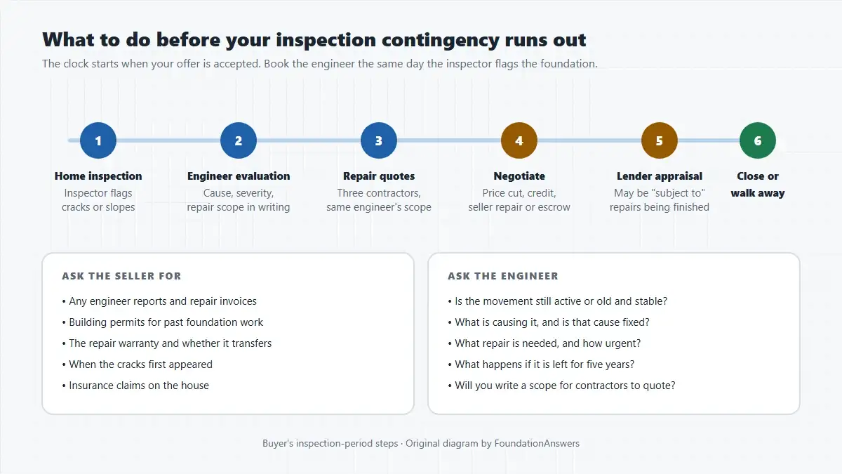 Six-step timeline for buyers from home inspection to engineer evaluation, repair quotes, negotiation, lender appraisal and closing or walking away, with lists of documents to ask the seller for and questions to ask the engineer