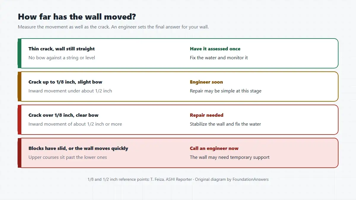 Four severity stages for a horizontal foundation crack, from a thin crack in a straight wall, through a slight bow and a clear bow of about half an inch or more, to blocks that have slid, each with the recommended action