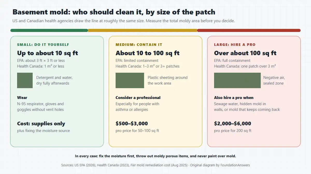 Three-column chart of basement mold cleanup by patch size: up to about 10 square feet do it yourself with PPE, 10 to 100 square feet contain the area and consider a professional, over 100 square feet hire a professional, with EPA and Health Canada thresholds and typical costs