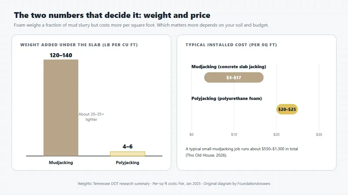 Bar chart showing mudjacking slurry at 120 to 140 pounds per cubic foot against 4 to 6 for polyurethane foam, and cost ranges of 3 to 17 dollars per square foot for mudjacking against 20 to 25 dollars for polyjacking
