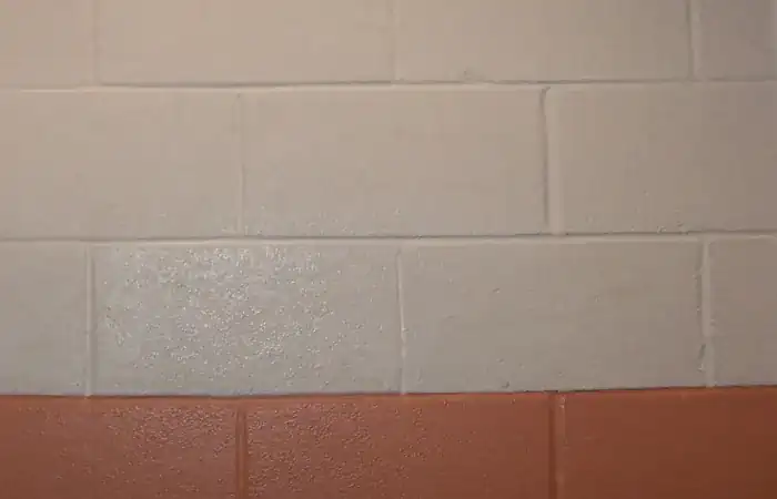 Painted concrete block wall showing the pattern of horizontal and vertical mortar joints between the blocks