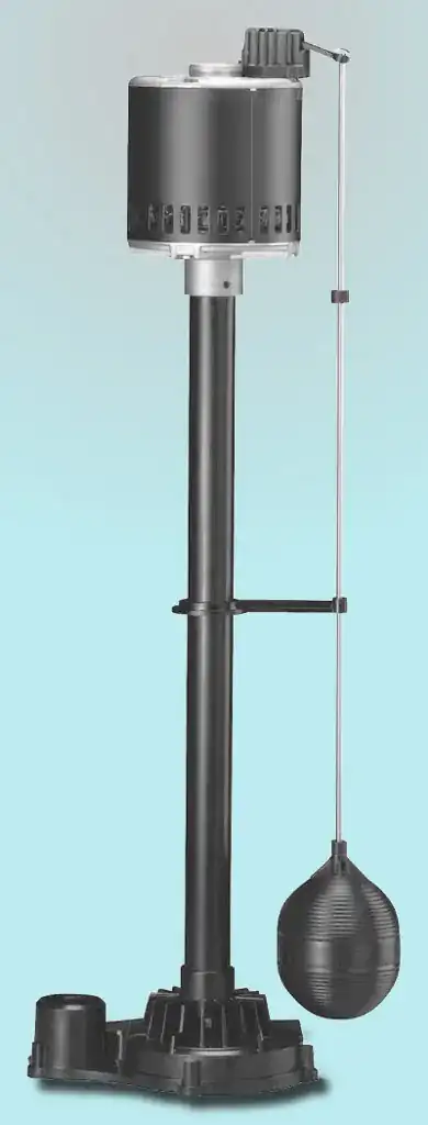 Pedestal sump pump with the motor on top of a tall column, a vertical float rod beside the column and a round float at the bottom near the pump base
