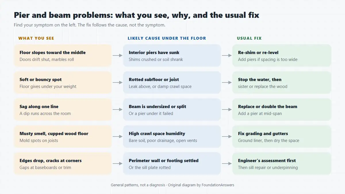 Chart linking five pier and beam symptoms, such as sloping floors, soft spots, a sag along one line, a musty smell and dropping edges, to their likely causes and usual repairs