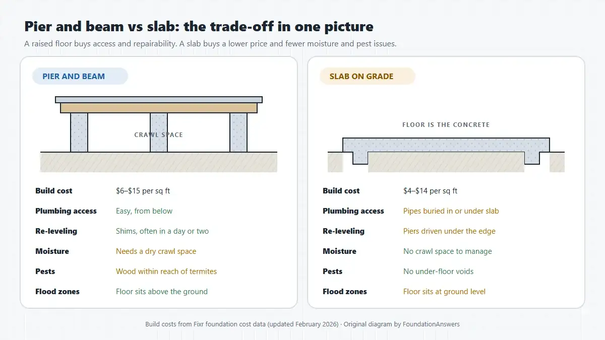 Side-by-side comparison of a pier and beam foundation with a crawl space and a slab-on-grade foundation, listing build cost, plumbing access, re-leveling, moisture, pests and flood risk