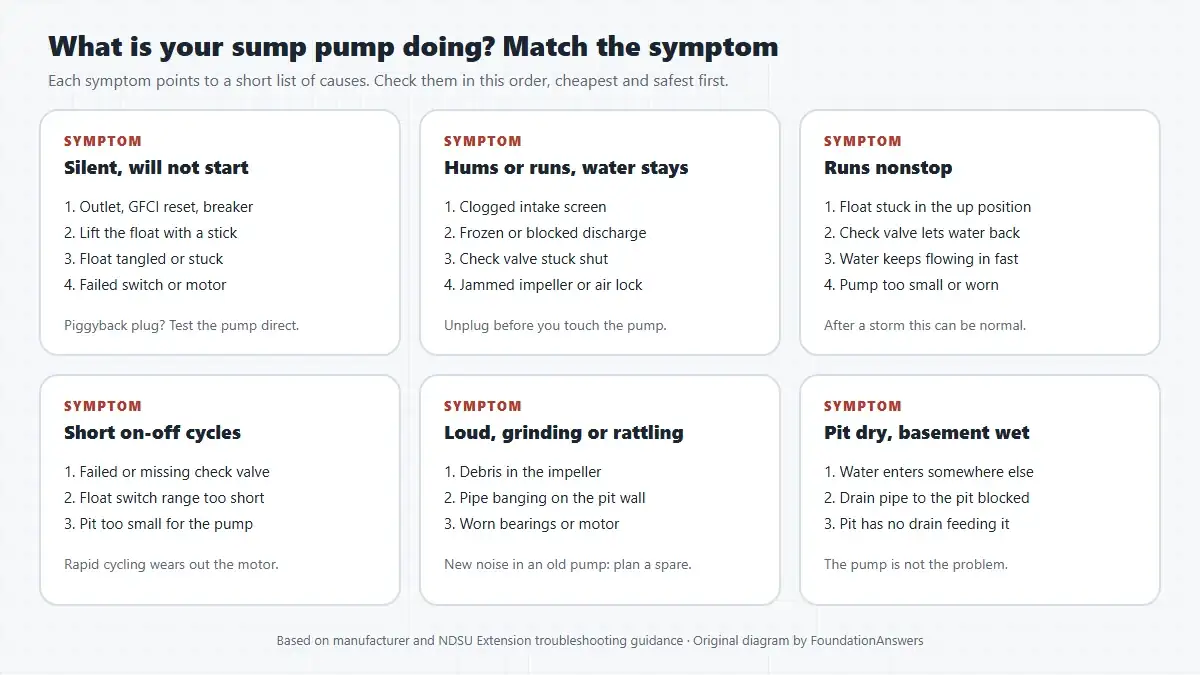 Six-card chart matching sump pump symptoms to causes in check order: silent, hums with water staying, runs nonstop, short cycles, loud grinding, and a dry pit with a wet basement