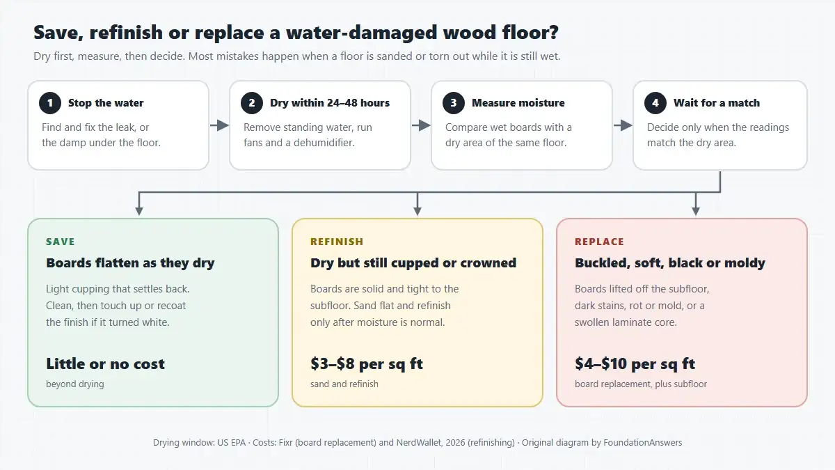 Flowchart: stop the water, dry within 24 to 48 hours, measure moisture, wait for a match, then save boards that flatten, refinish dry boards that stay cupped for 3 to 8 dollars per square foot, or replace buckled or moldy boards for 4 to 10 dollars per square foot